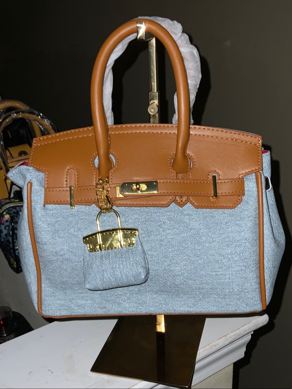 Tan and Light Blue Structured Satchel Handbag